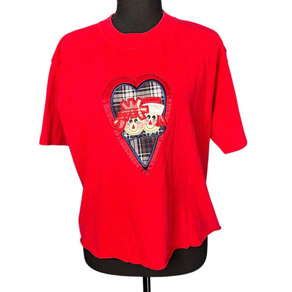 Womens Red Raggedy Ann Andy Tee Sz M Nostalgia Grannycore Patchwork Embroidery